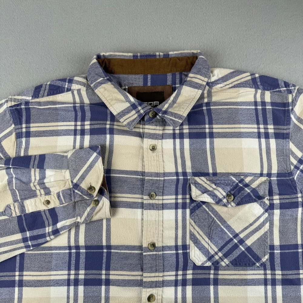 CQR Flannel Shirt Mens 3XL Blue Cream Plaid Long Sleeve Cotton Button Down